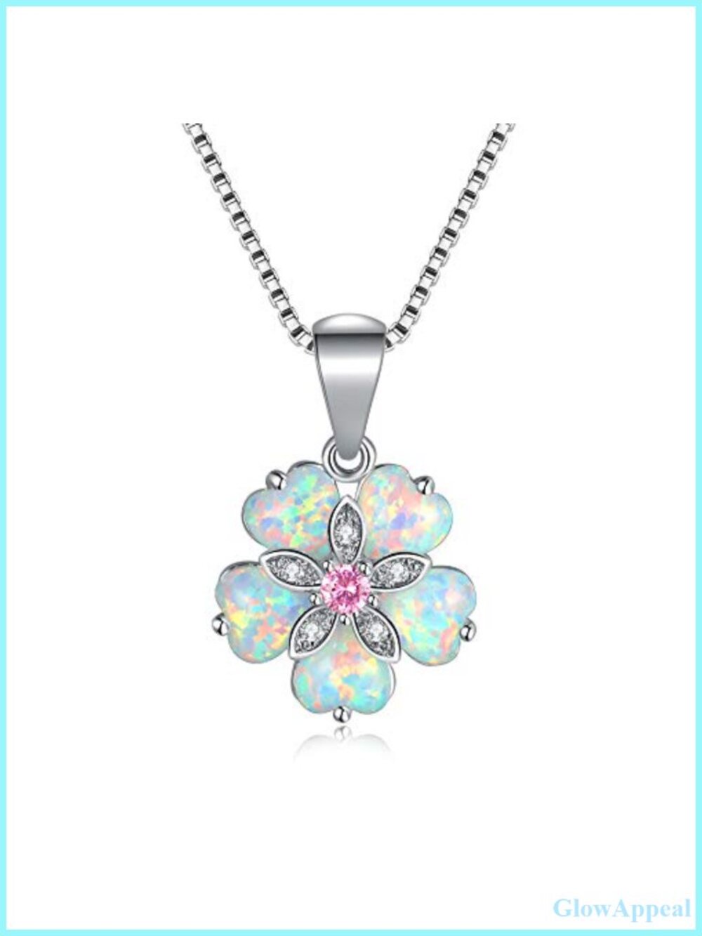 18K White Gold Plated Opal Flower Pendant Necklace 18"